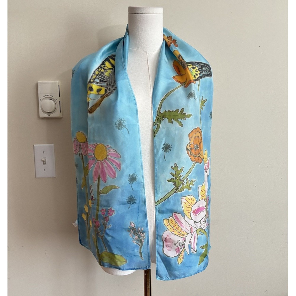 Whimsical Floral Y2K Twee 2000s Scarf Butterfly Fairy Blue 100% SILK Vintage